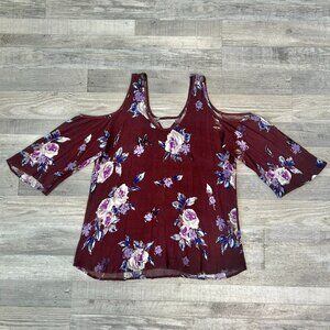 Shyanne Burgundy Floral Crinkle Fabric Cold Shoulder Top S41